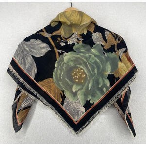 Vtg SALDARINI Scarf Womens OS Floral Wrap Square Fringe Black Beige 33" x 33"